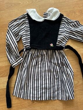 Vintage Black and White Striped Girls' Dress with Peter Pan Collar